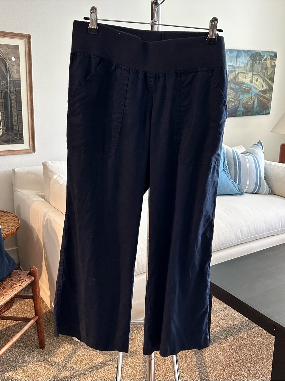 Navy linen cropped pant